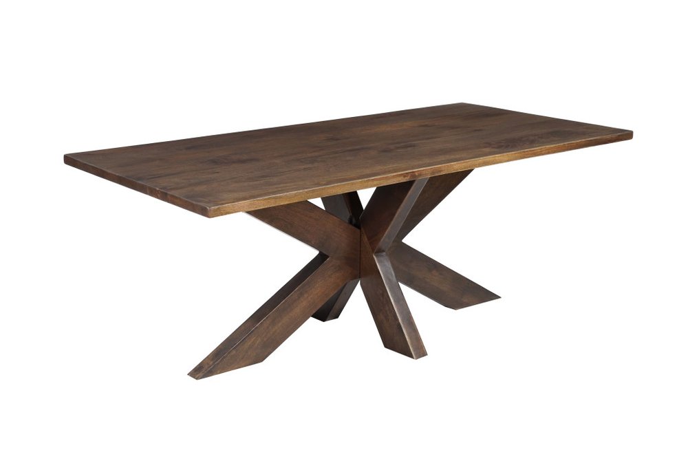 Brown solid wood dining table with an X-shaped base on a white background.