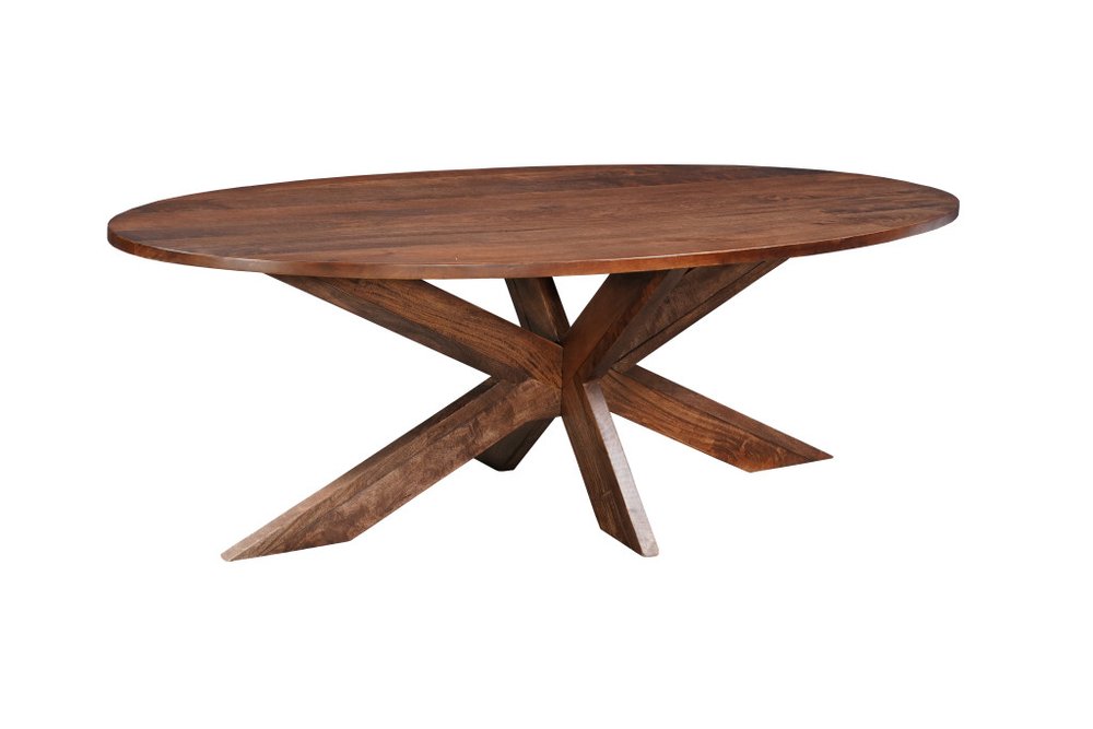 Oval brown solid wood dining table with a starburst base on a white background.