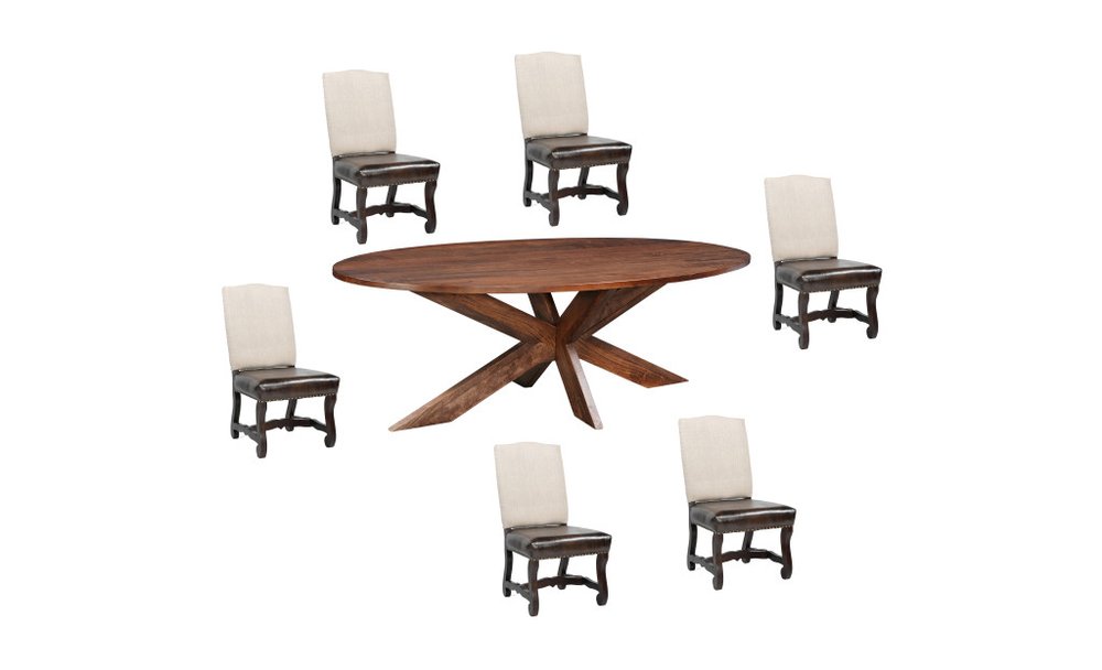 Seven Piece Brown Solid Wood Dining Set with Six Chairs - SKU 636240 on a white background