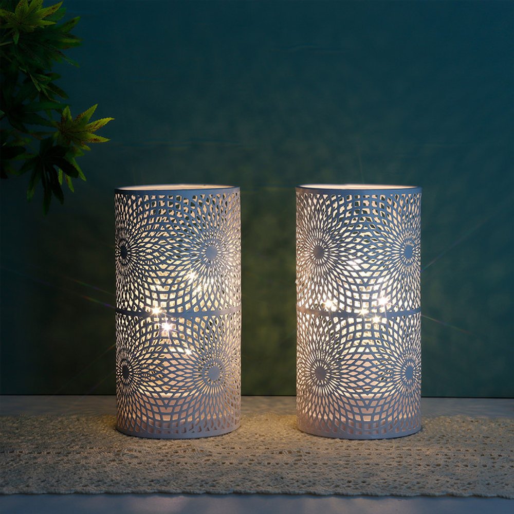 Set of Two 8" White Metal Pierced Geometric Battery Operated Lamps With Cylinder Shades