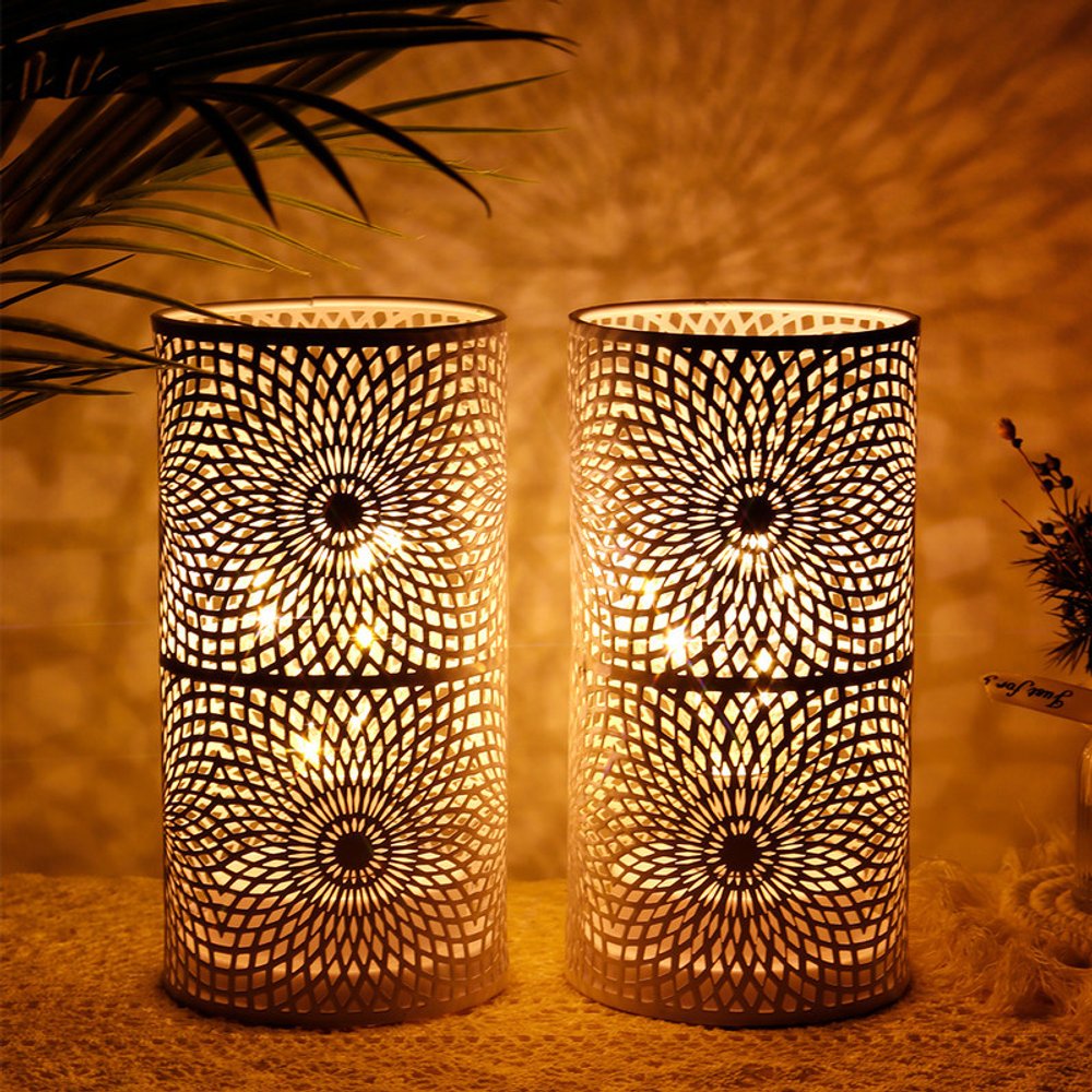 Set of Two 8" White Metal Pierced Geometric Battery Operated Lamps With Cylinder Shades