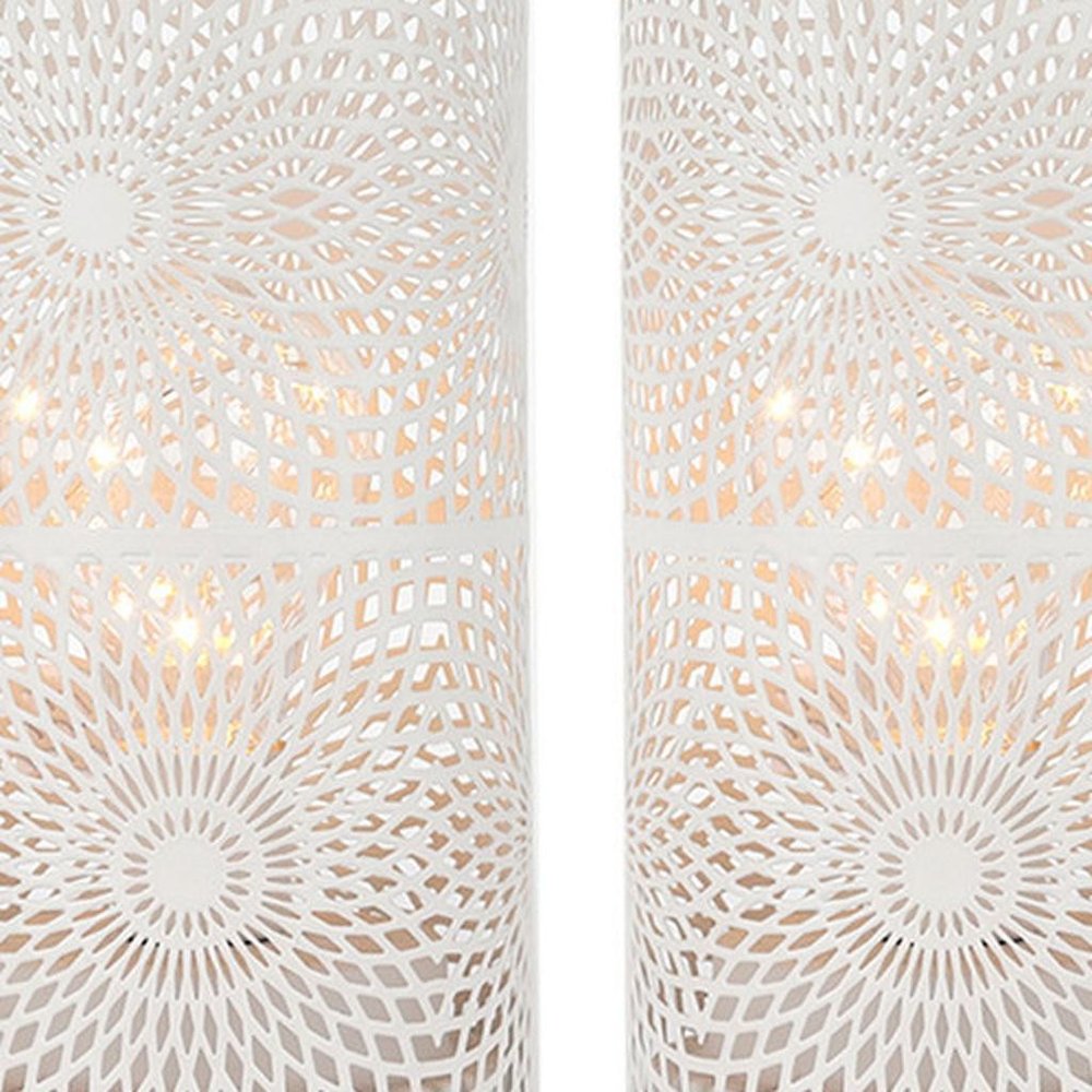 Set of Two 8" White Metal Pierced Geometric Battery Operated Lamps With Cylinder Shades
