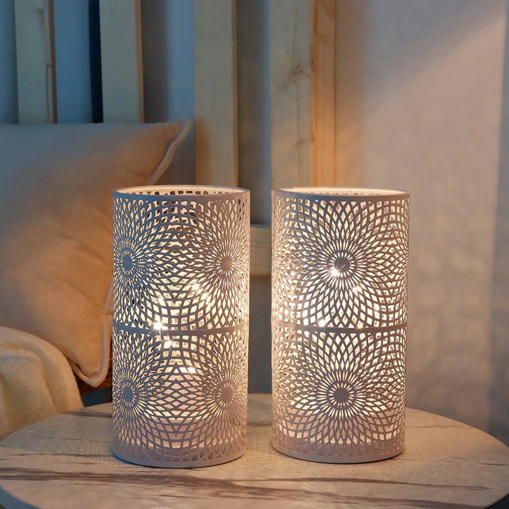 Set of Two 8" White Metal Pierced Geometric Battery Operated Lamps With Cylinder Shades