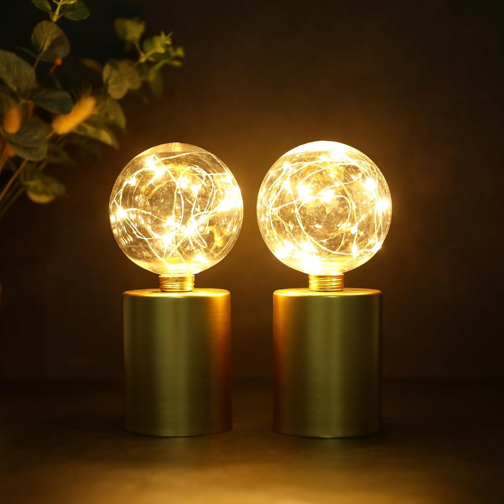 Set of Two 8" Gold Battery Operated Round Bedside Lamps With Globe Shades