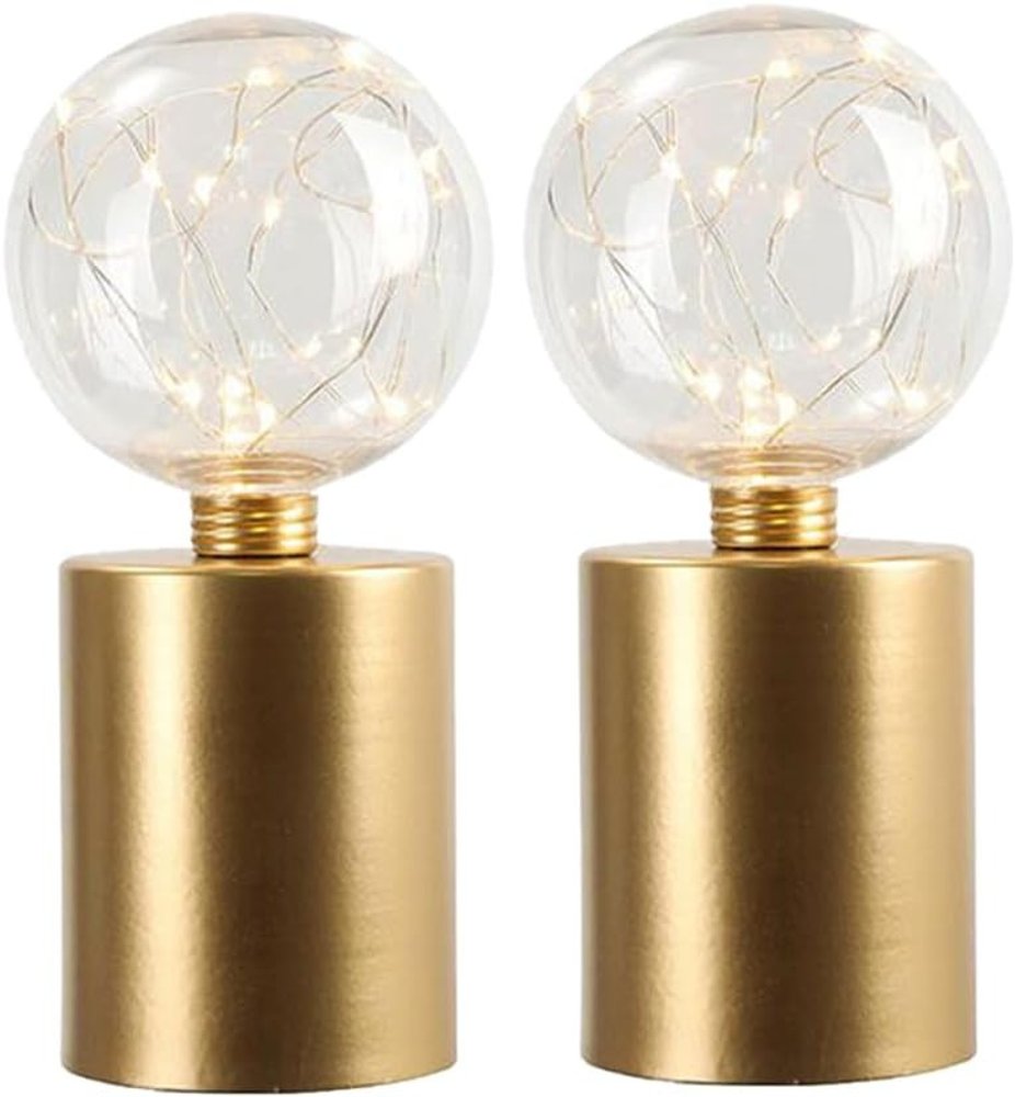 Set of Two 8" Gold Battery Operated Round Bedside Lamps With Globe Shades