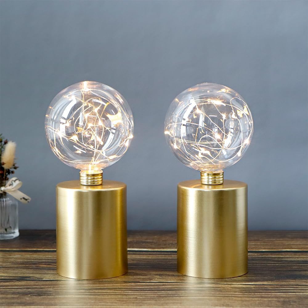 Set of Two 8" Gold Battery Operated Round Bedside Lamps With Globe Shades