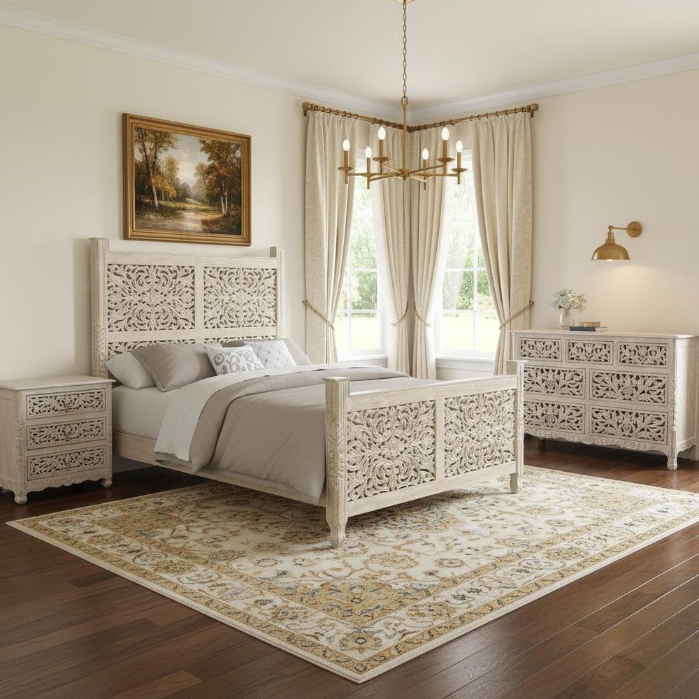 Three Piece White Solid Wood Bedroom Set in a home interior