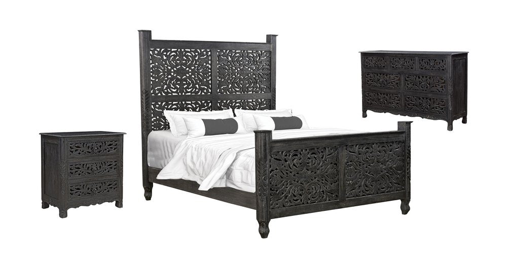 Three Piece Black Solid Wood Bedroom Set on a white background
