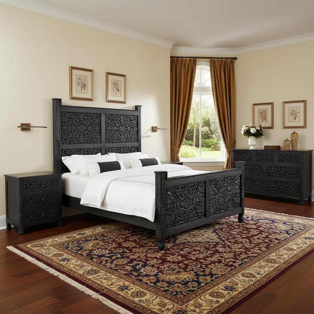Three Piece Black Solid Wood Bedroom Set in a home interior