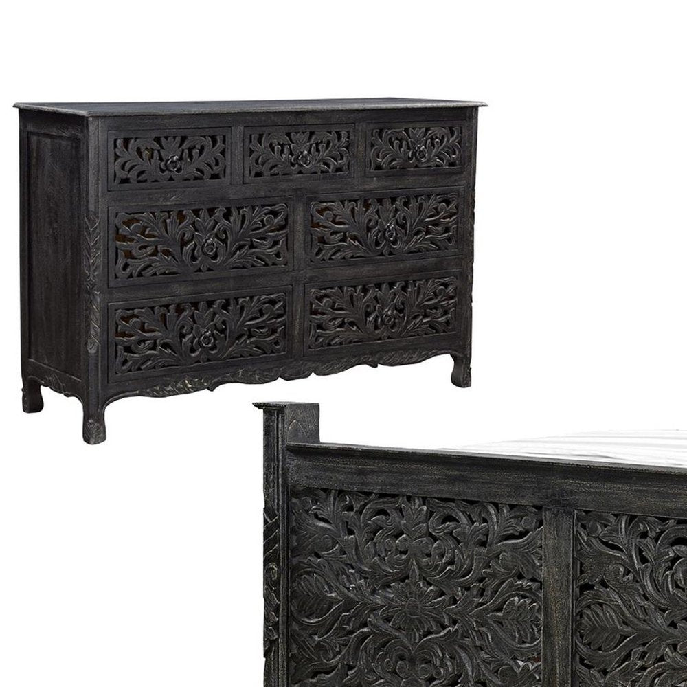 Three Piece Black Solid Wood Bedroom Set on a white background