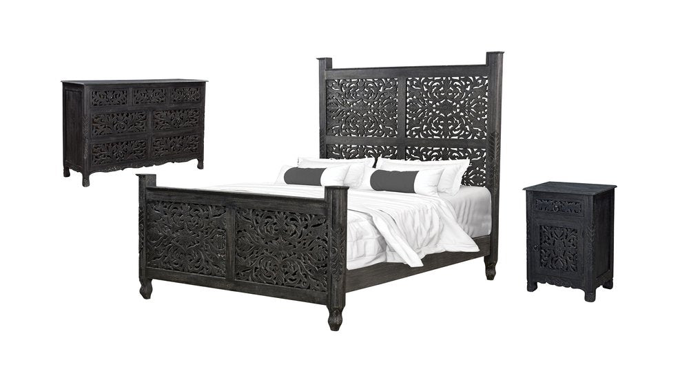 Three Piece Black Solid Wood Bedroom Set on a white background