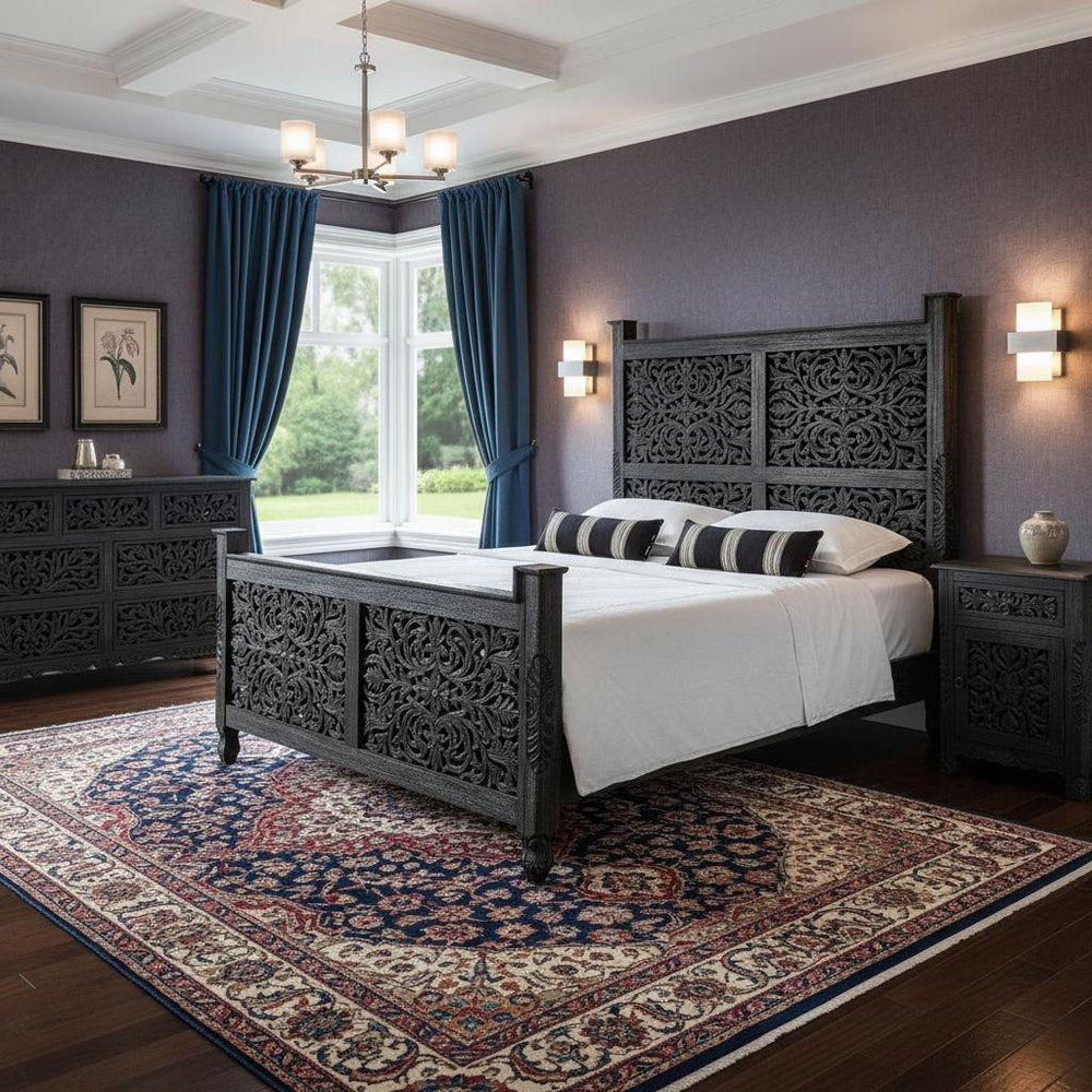 Three Piece Black Solid Wood Bedroom Set in a home interior