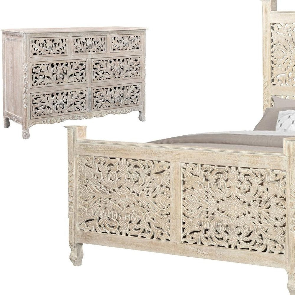 Three Piece White Solid Wood Bedroom Set on a white background