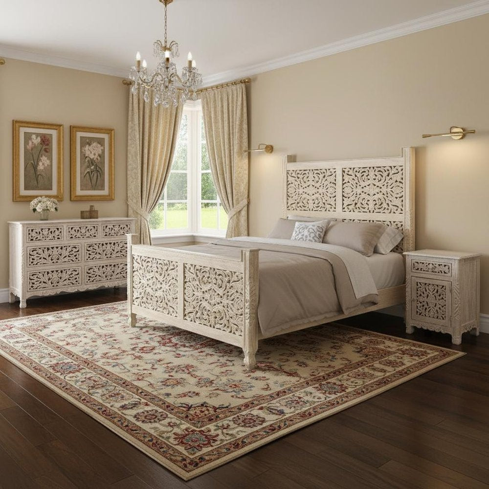 Three Piece White Solid Wood Bedroom Set in a home interior