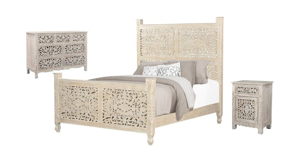 Three Piece White Solid Wood Bedroom Set on a white background