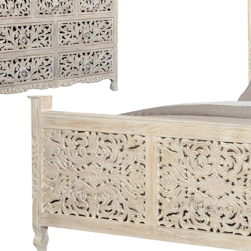Three Piece White Solid Wood Bedroom Set on a white background