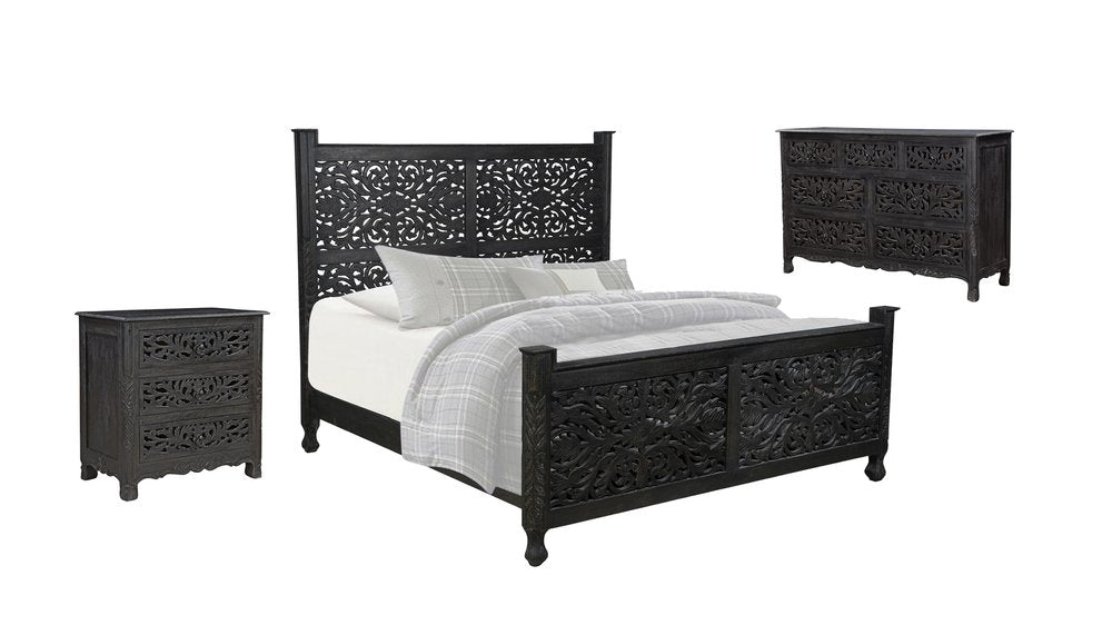 Three Piece Black Solid Wood Bedroom Set on a white background