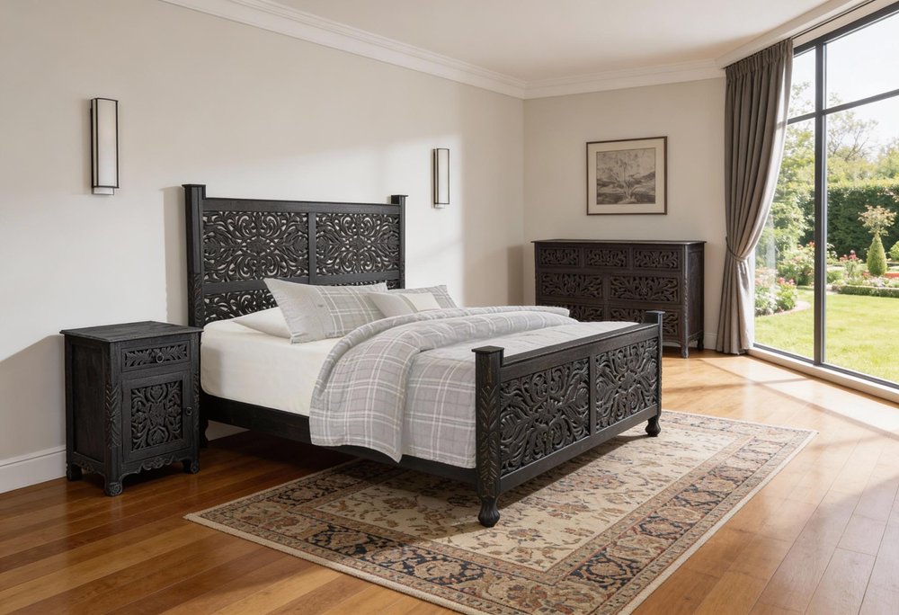 Three Piece Black Solid Wood Bedroom Set in a home interior