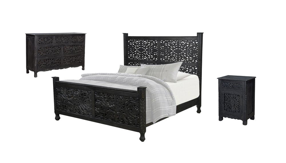 Black solid wood bedroom set with carved detailing, including a bed, dresser, and nightstand on a white background.