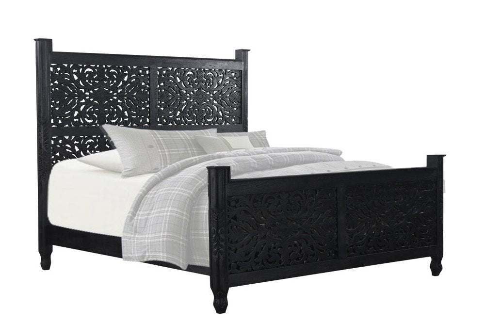 Three Piece Black Solid Wood Bedroom Set on a white background