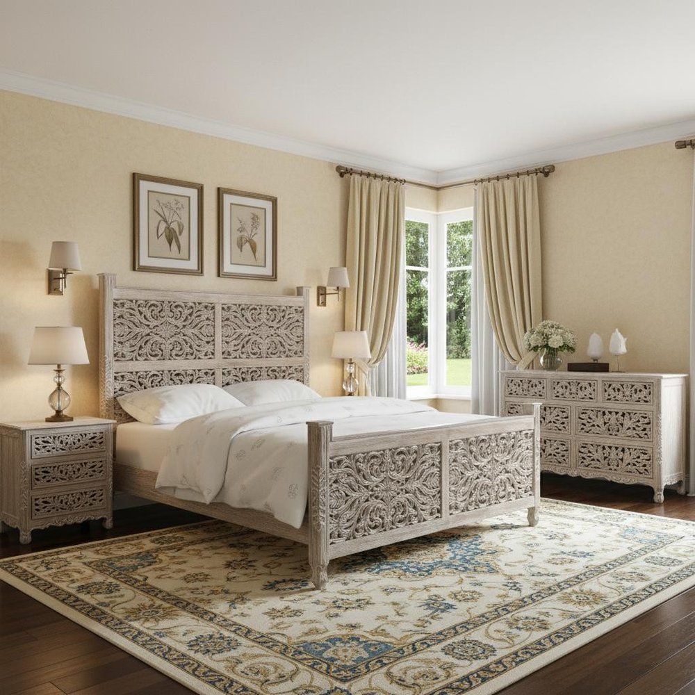 Three Piece Gray Solid Wood Bedroom Set in a home interior