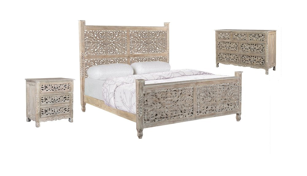 Three-piece gray solid wood bedroom set with carved detailing, including a bed, nightstand, and dresser, on a white background.