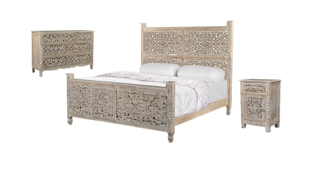 Three-piece gray solid wood bedroom set with carved details, including a bed, dresser, and nightstand, on a white background.
