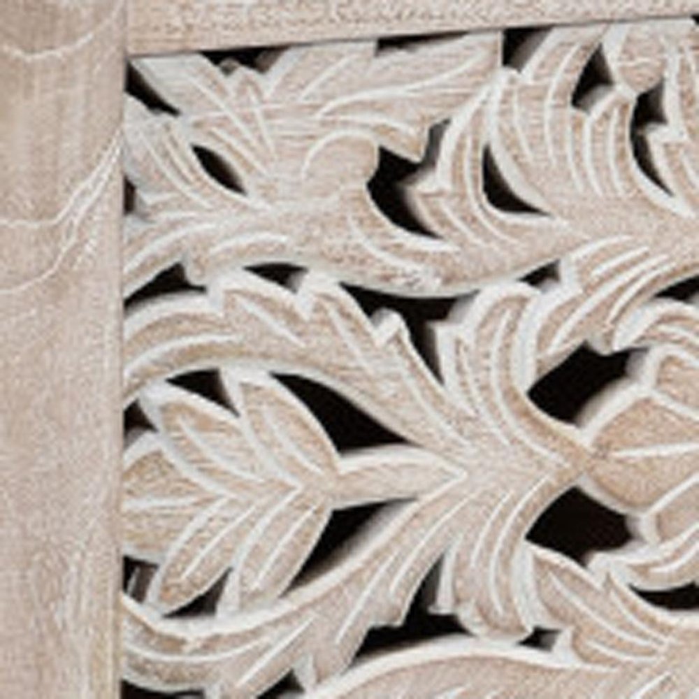 52" White Solid Wood Floral Ottoman With Storage close-up highlighting the white wood surface.