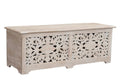 52" White Solid Wood Floral Ottoman With Storage. Ottoman isolated on a plain white background, showing a white wood surface.