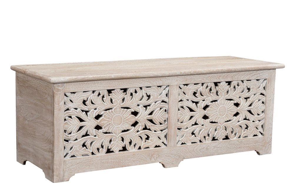 52" White Solid Wood Floral Ottoman With Storage. Ottoman isolated on a plain white background, showing a white wood surface.