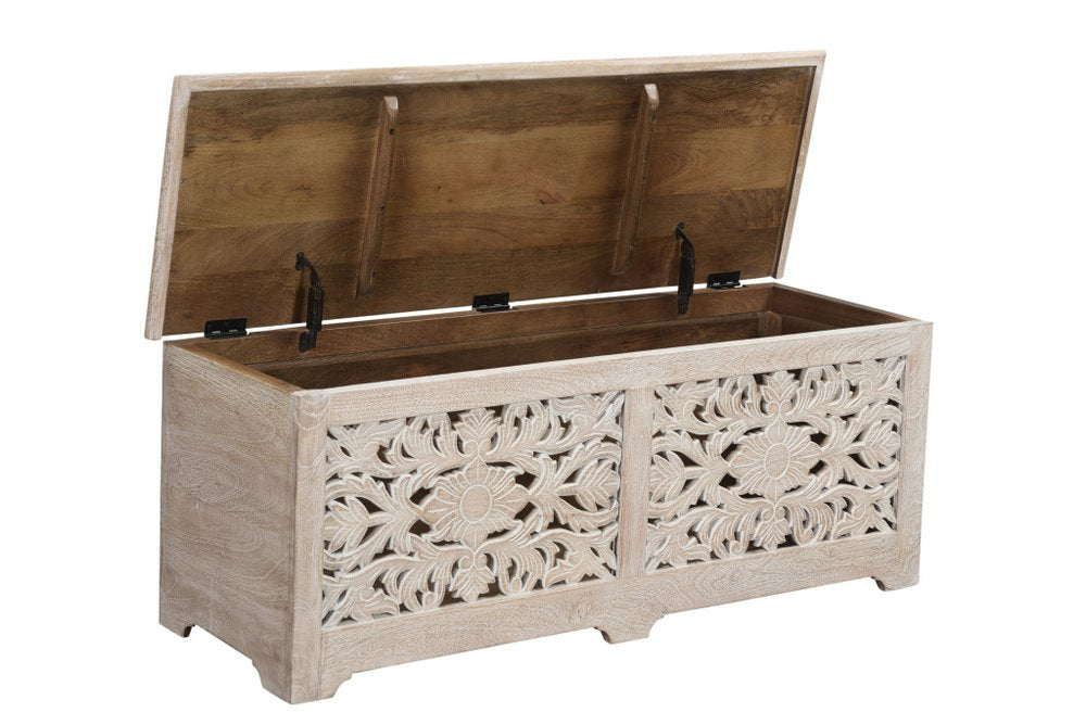 52" White Solid Wood Floral Ottoman With Storage. Ottoman isolated on a plain white background, in a white wood finish.