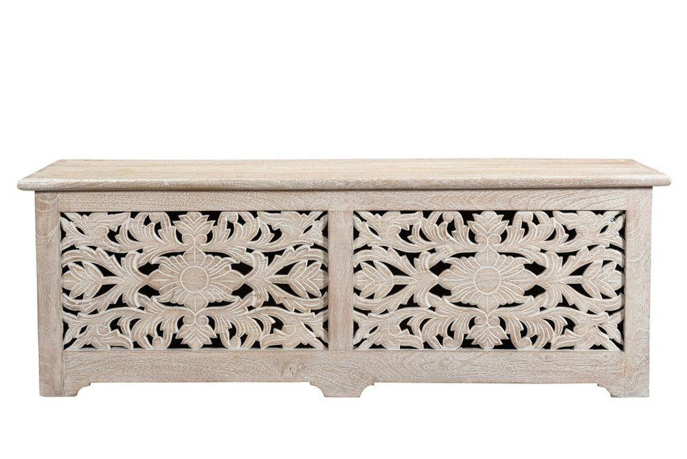 52" White Solid Wood Floral Ottoman With Storage. Ottoman isolated on a plain white background, finished in white wood.