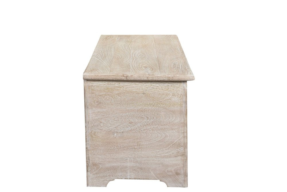 52" White Solid Wood Floral Ottoman With Storage. Ottoman isolated on a plain white background, finished in white wood.
