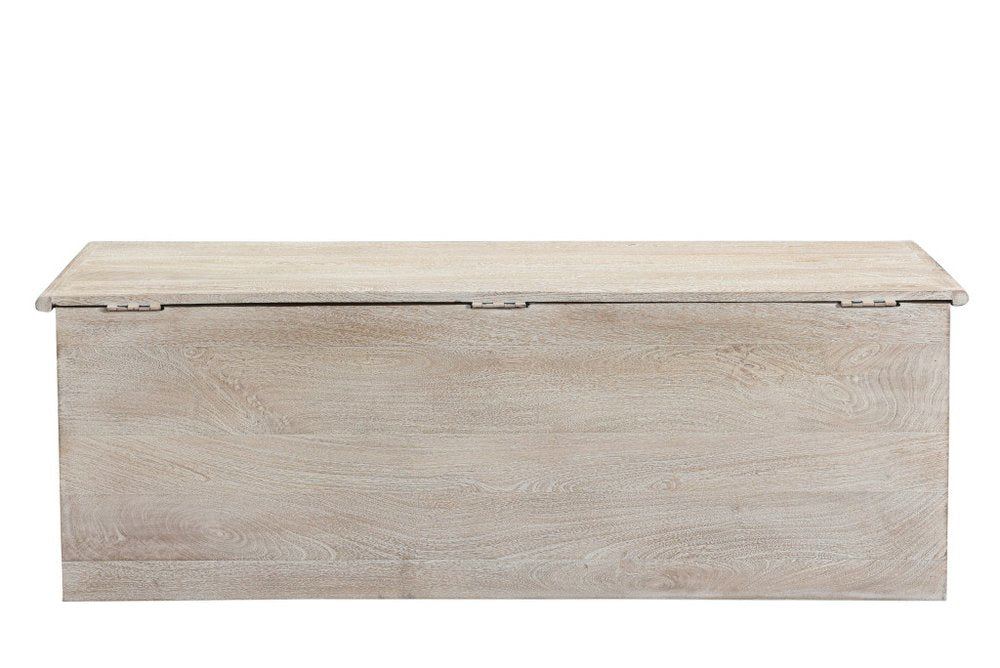 52" White Solid Wood Floral Ottoman With Storage. Ottoman isolated on a plain white background, showing a white wood surface.