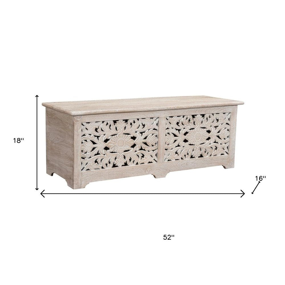 52" White Solid Wood Floral Ottoman With Storage. Ottoman isolated on a plain white background, finished in white wood.