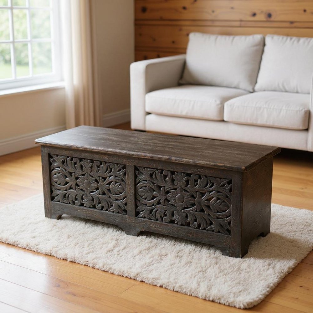 52" Black Solid Wood Floral Ottoman With Storage. Ottoman in black wood.