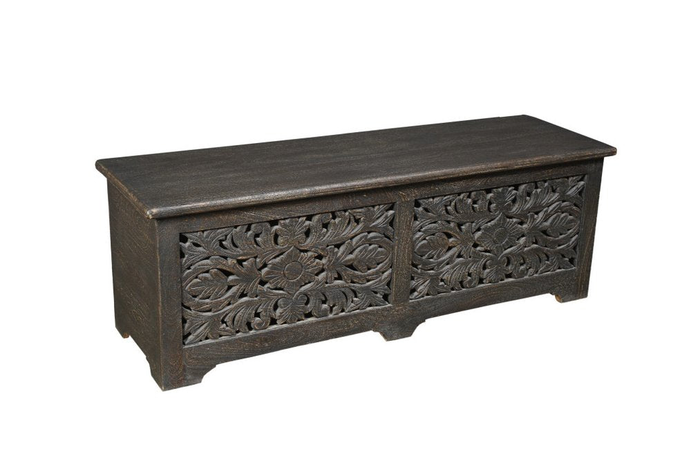 52" Black Solid Wood Floral Ottoman With Storage. Ottoman isolated on a plain white background, showing a black wood surface.
