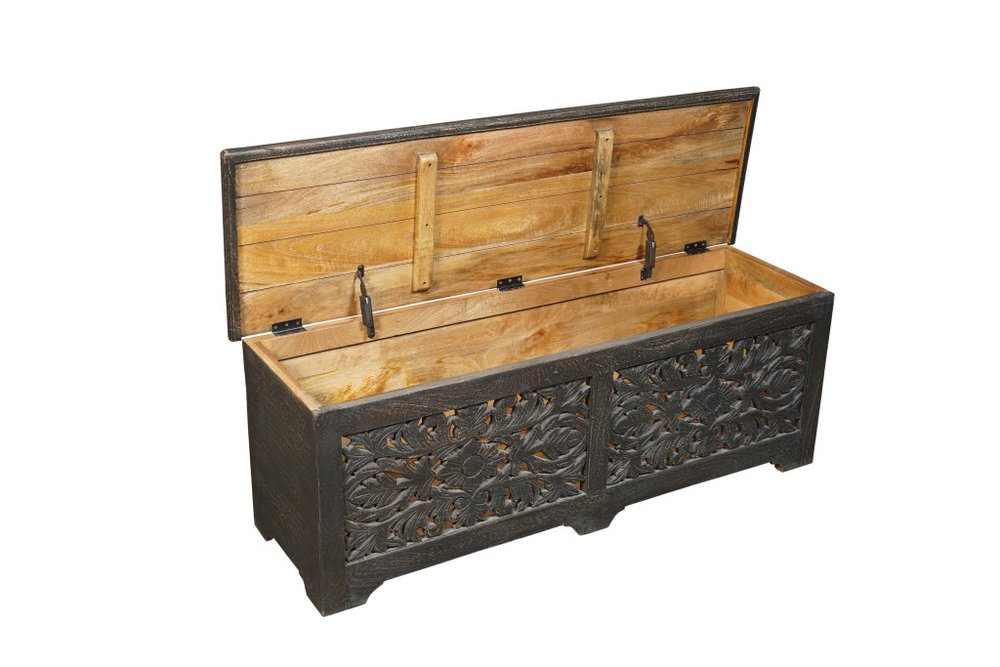 52" Black Solid Wood Floral Ottoman With Storage. Ottoman isolated on a plain white background, in a black wood finish.