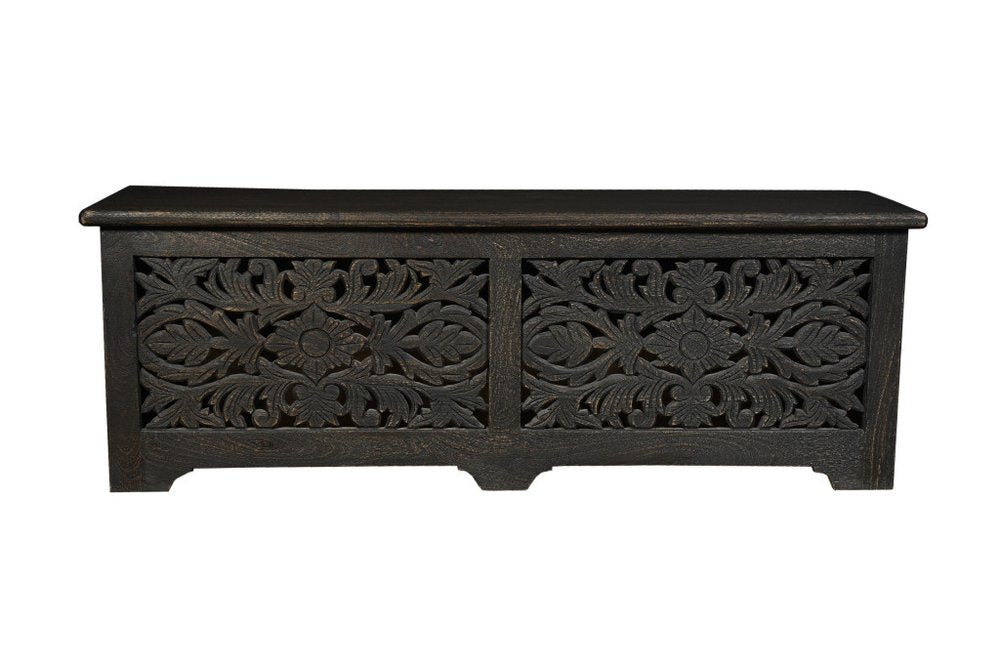 52" Black Solid Wood Floral Ottoman With Storage. Ottoman isolated on a plain white background, showing a black wood surface.