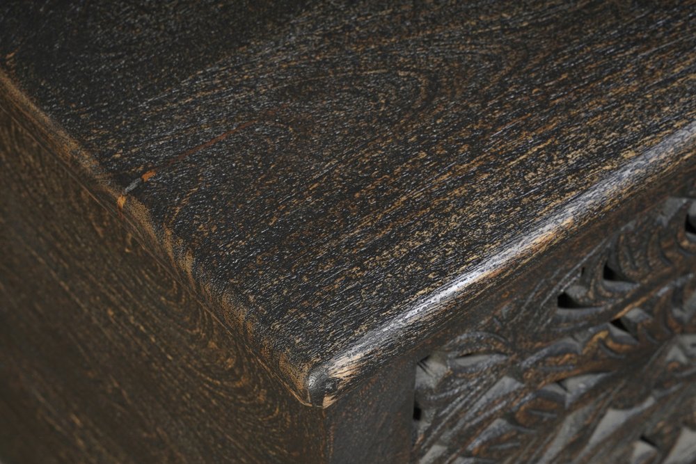 52" Black Solid Wood Floral Ottoman With Storage. Ottoman in black wood.