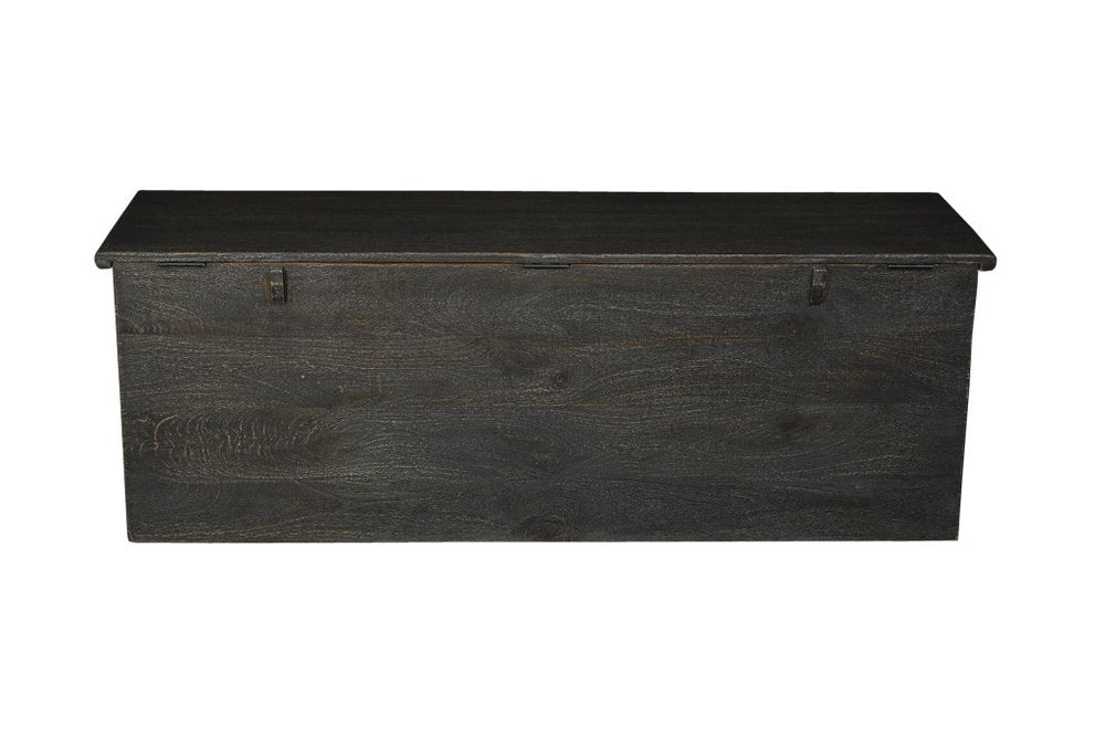52" Black Solid Wood Floral Ottoman With Storage. Ottoman isolated on a plain white background, finished in black wood.