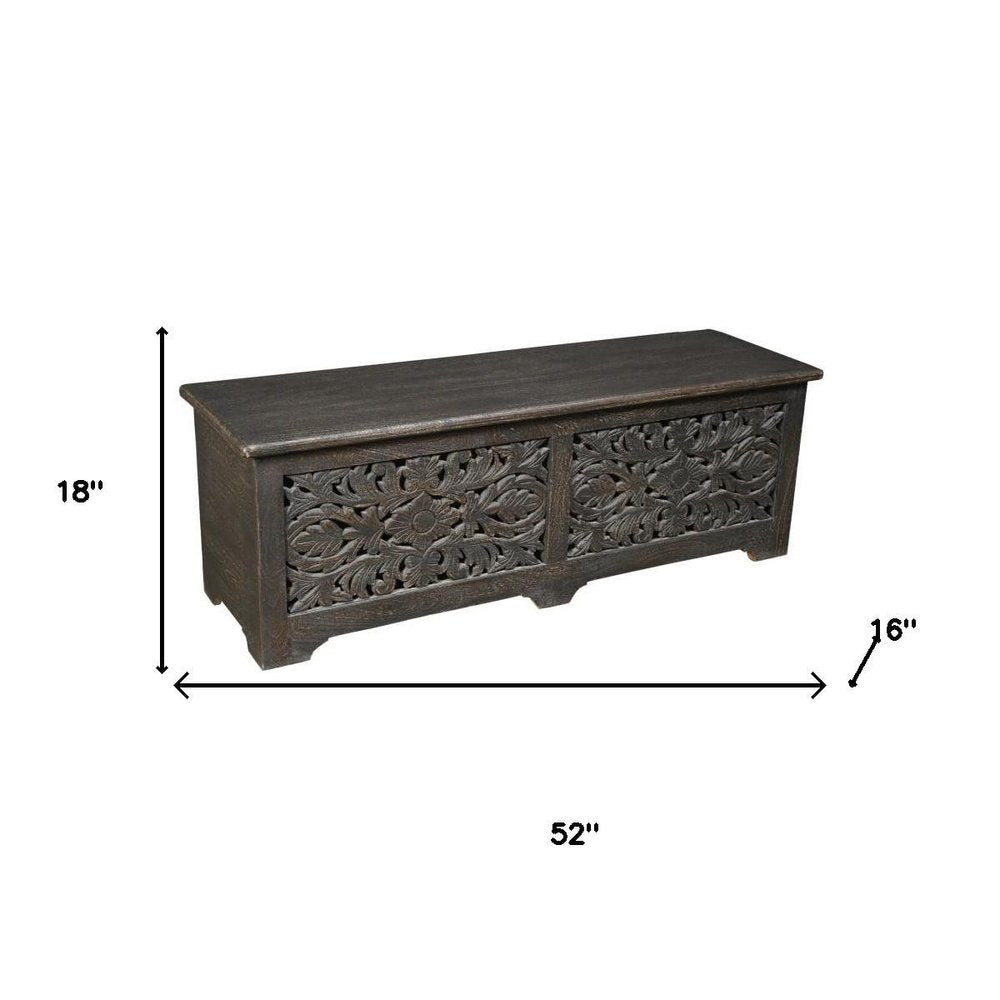 52" Black Solid Wood Floral Ottoman With Storage. Ottoman isolated on a plain white background, showing a black wood surface.