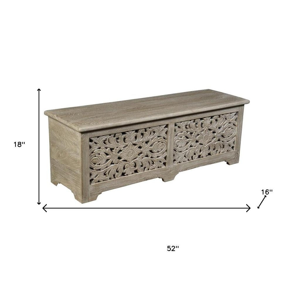 52" Gray Solid Wood Floral Ottoman With Storage. Ottoman isolated on a plain white background, finished in gray wood.