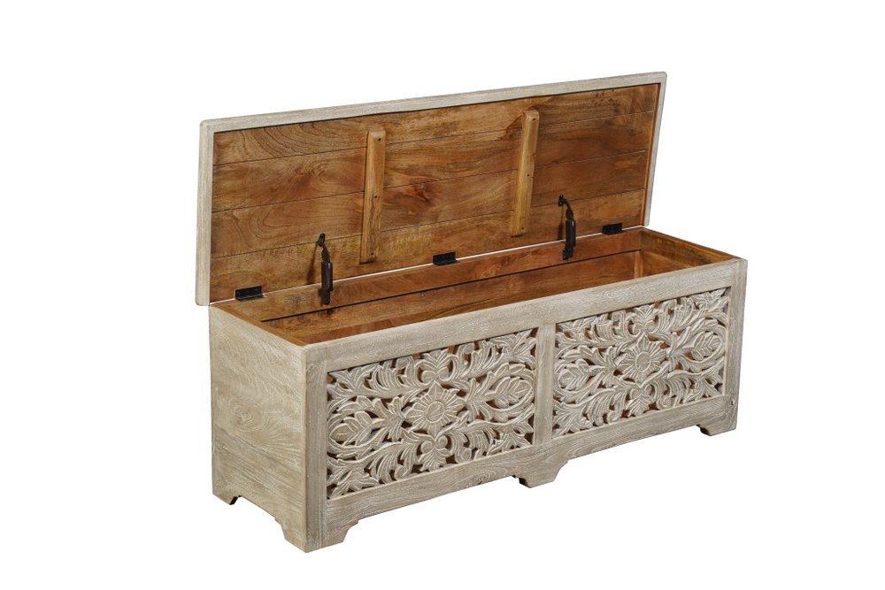 52" Gray Solid Wood Floral Ottoman With Storage. Ottoman isolated on a plain white background, showing a wood surface.