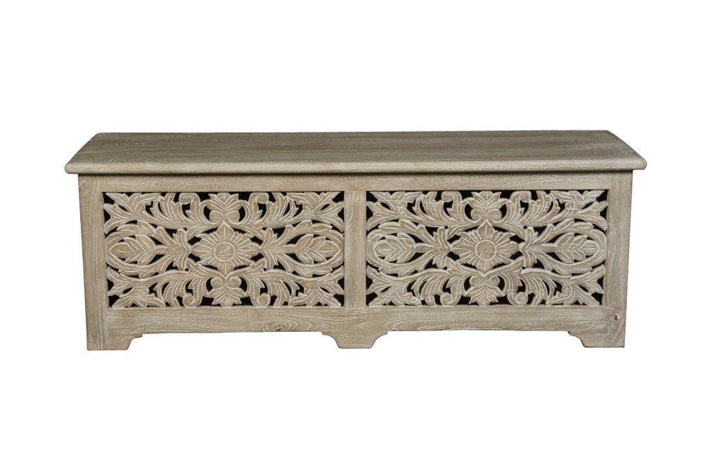 52" Gray Solid Wood Floral Ottoman With Storage. Ottoman isolated on a plain white background, showing a wood surface.