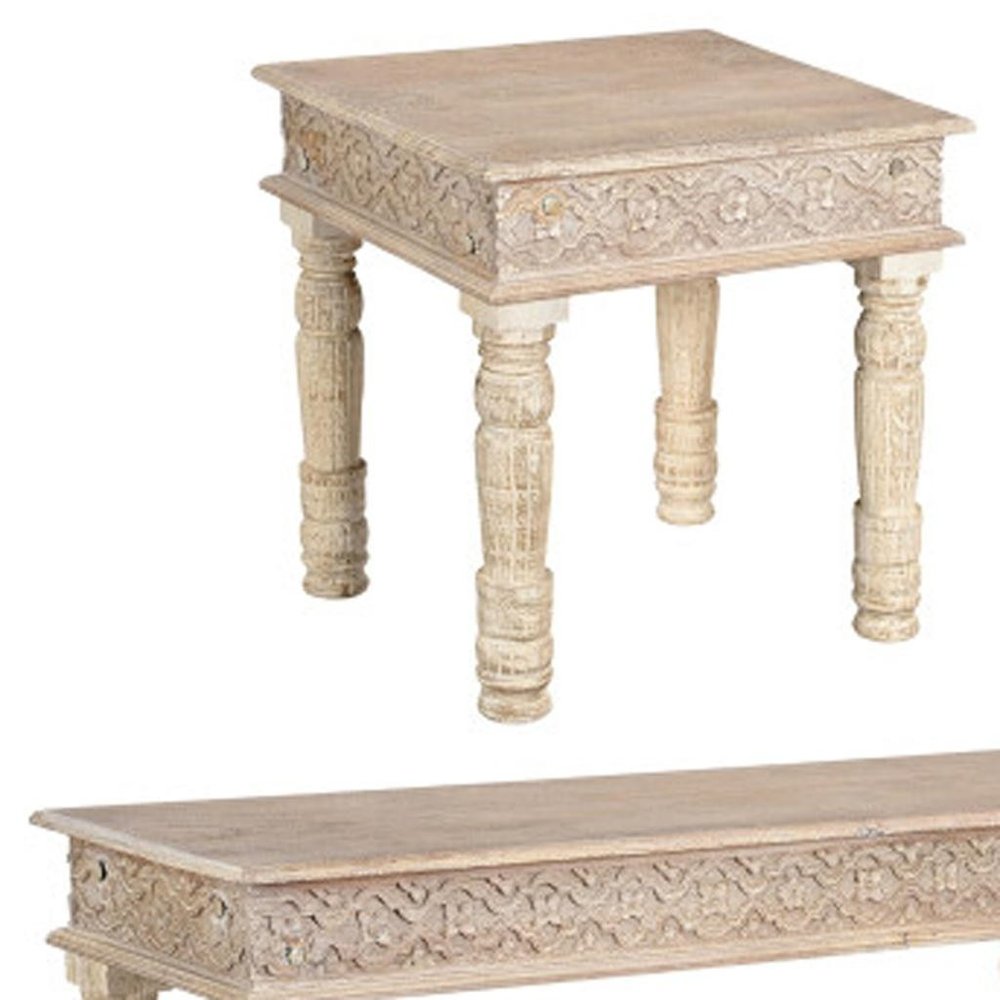 Set Of Three Natural Solid Wood Distressed Coffee Table on a white background