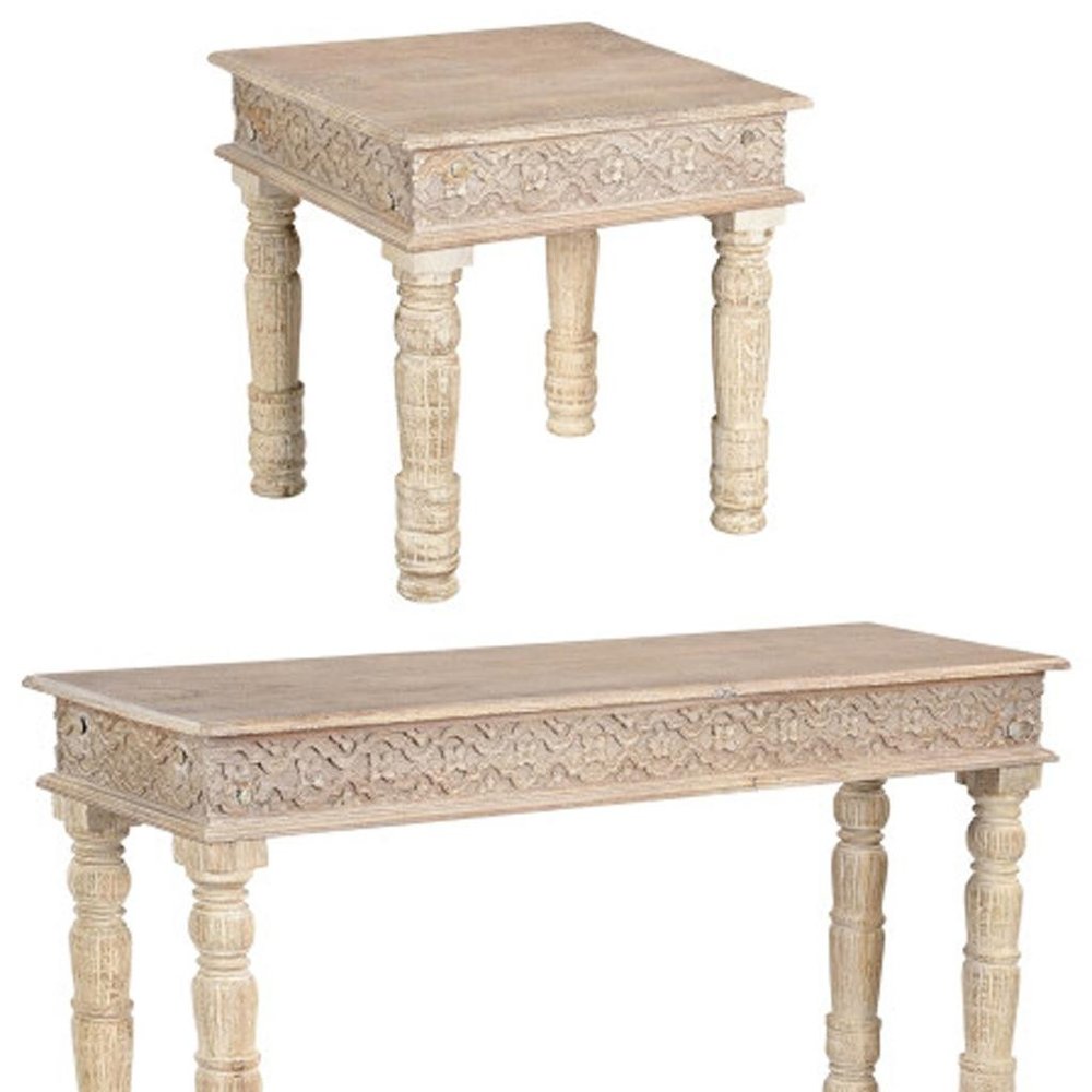 Set Of Three Natural Solid Wood Distressed Coffee Table on a white background