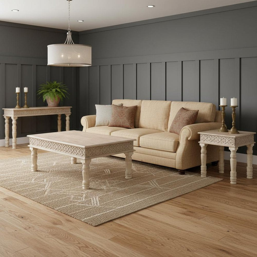 Set Of Three Natural Solid Wood Distressed Coffee Table in a home interior