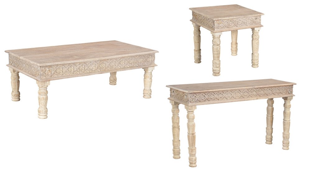 Set of three distressed natural solid wood tables, including a coffee table, console table, and side table, on a white background.