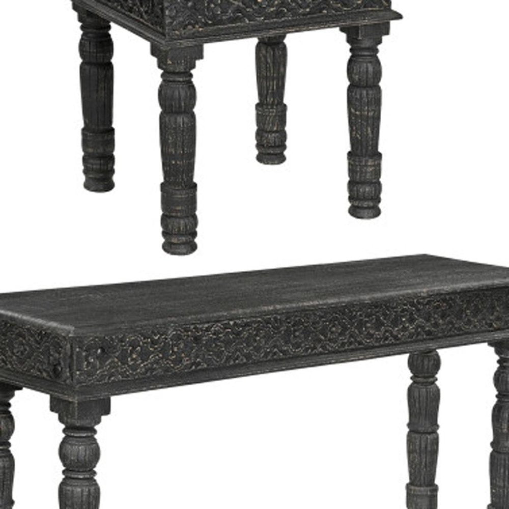 Set Of Three Black Solid Wood Distressed Coffee Table on a white background